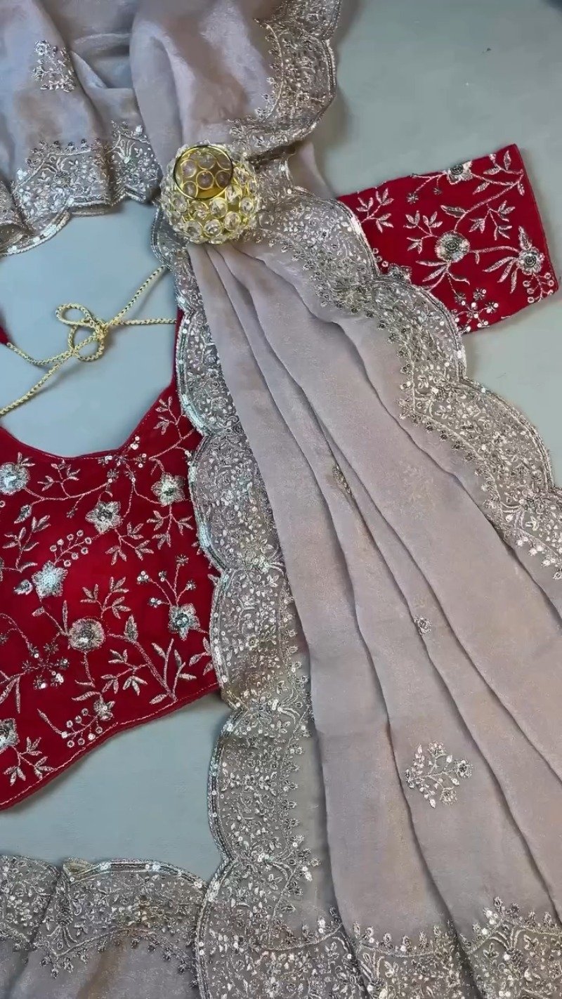 Enchanting Scalloped Organza Saree with Hand-Embroidered Velvet Blouse – Available in Red & Beige