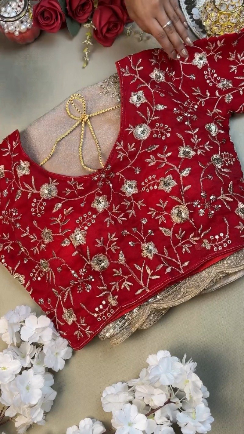 Enchanting Scalloped Organza Saree with Hand-Embroidered Velvet Blouse – Available in Red & Beige - Image 2