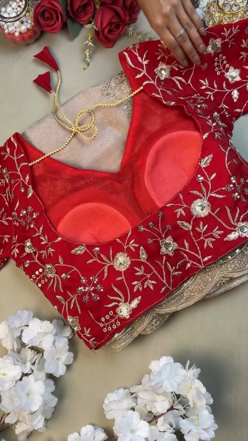 Enchanting Scalloped Organza Saree with Hand-Embroidered Velvet Blouse – Available in Red & Beige - Image 3