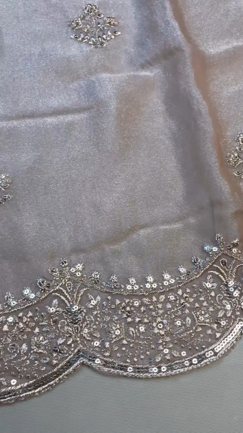 Enchanting Scalloped Organza Saree with Hand-Embroidered Velvet Blouse – Available in Red & Beige - Image 5