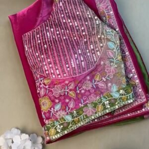 Magenta & Sage Green Floral Embroidered Saree Set – Available in Magenta & Sage Green