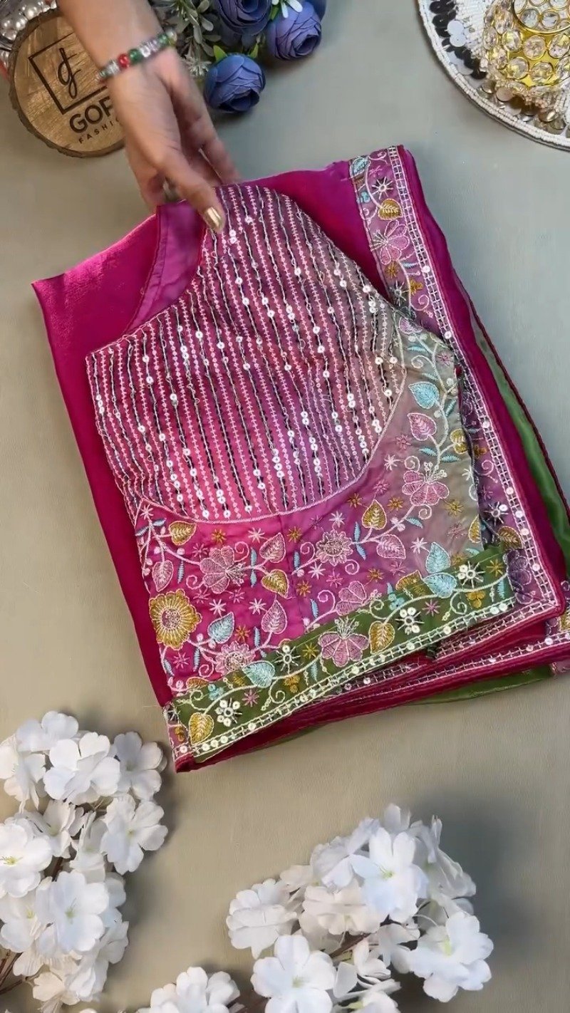 Magenta & Sage Green Floral Embroidered Saree Set โ Available in Magenta & Sage Green