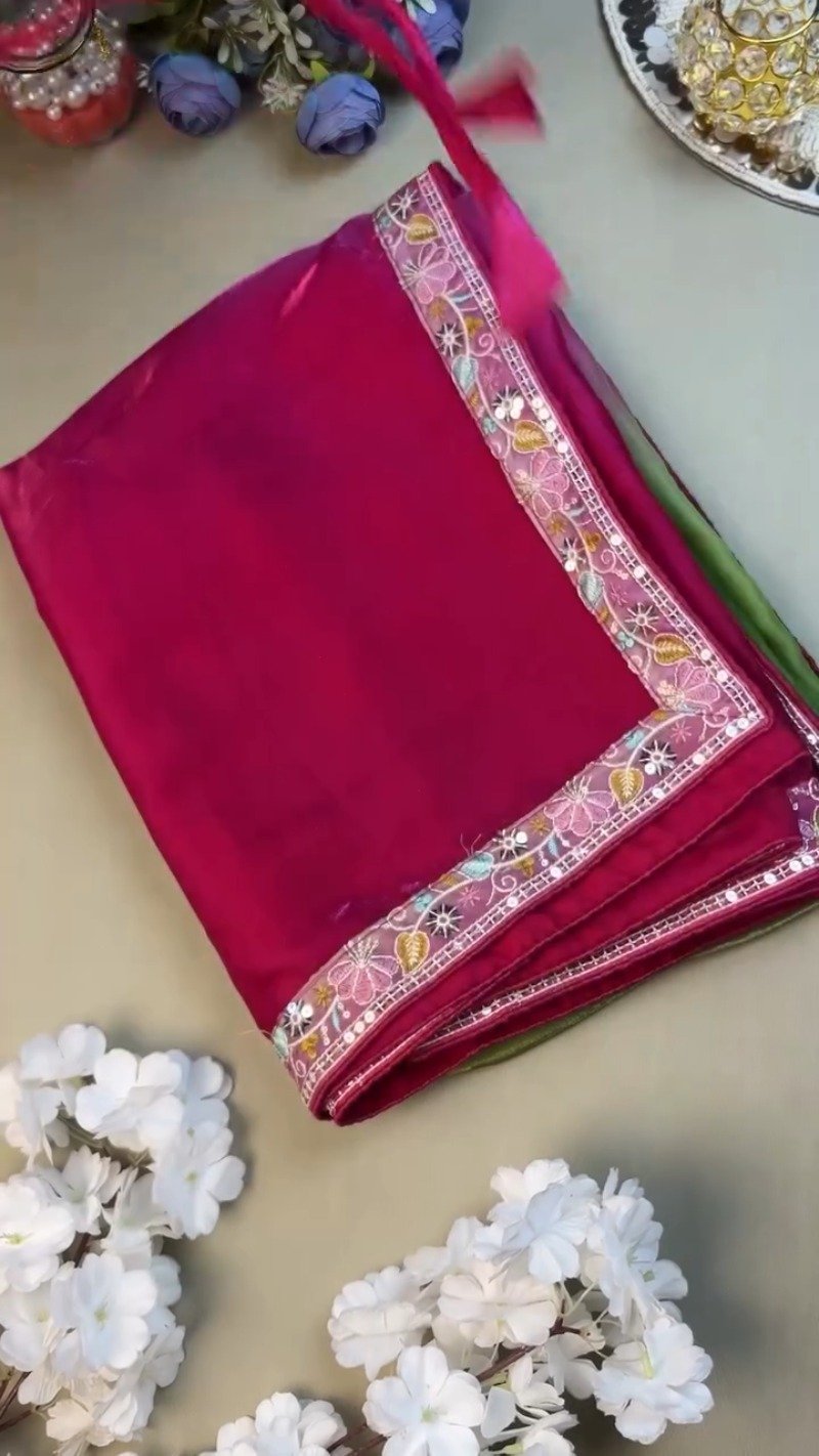 Magenta & Sage Green Floral Embroidered Saree Set โ Available in Magenta & Sage Green - Image 3