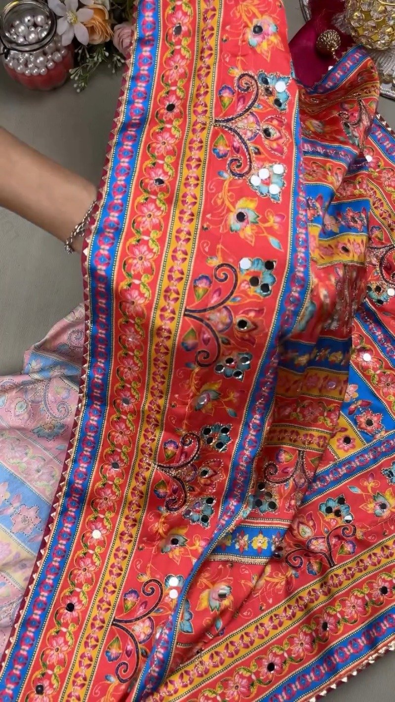 Vibrant Mirror-Embellished Floral Printed Ethnic Ensemble β Available in Radiant Crimson & Soft Blush Pastel - Image 2