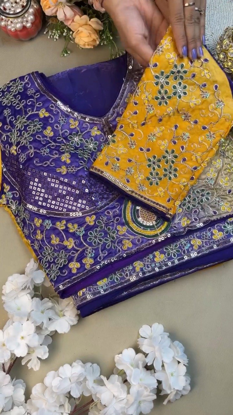Regal Royal Blue & Saffron Yellow Sequined Silk Saree Ensemble β Available in Royal Blue & Saffron Yellow