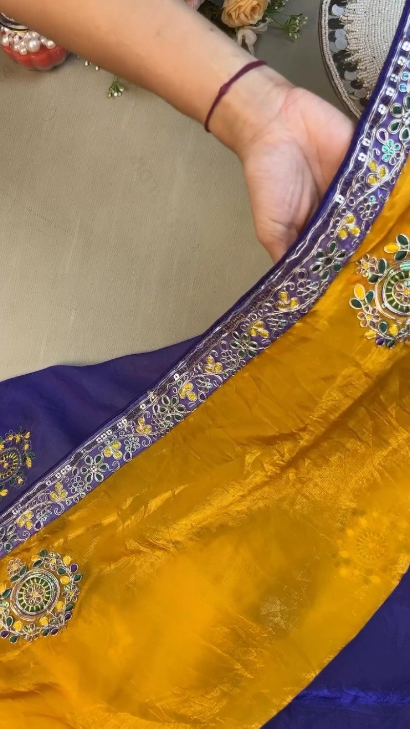 Regal Royal Blue & Saffron Yellow Sequined Silk Saree Ensemble β Available in Royal Blue & Saffron Yellow - Image 2