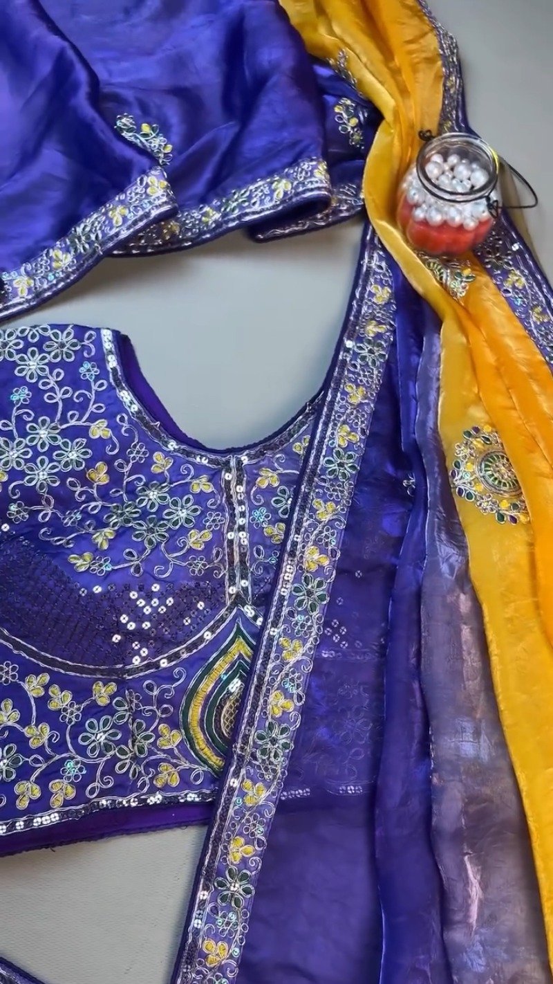 Regal Royal Blue & Saffron Yellow Sequined Silk Saree Ensemble β Available in Royal Blue & Saffron Yellow - Image 5