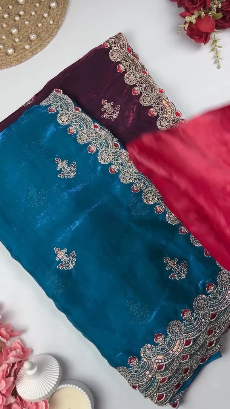 Royal Embroidered Velvet Blouse & Silk Saree Set β Available in Teal, Burgundy & Green - Image 2