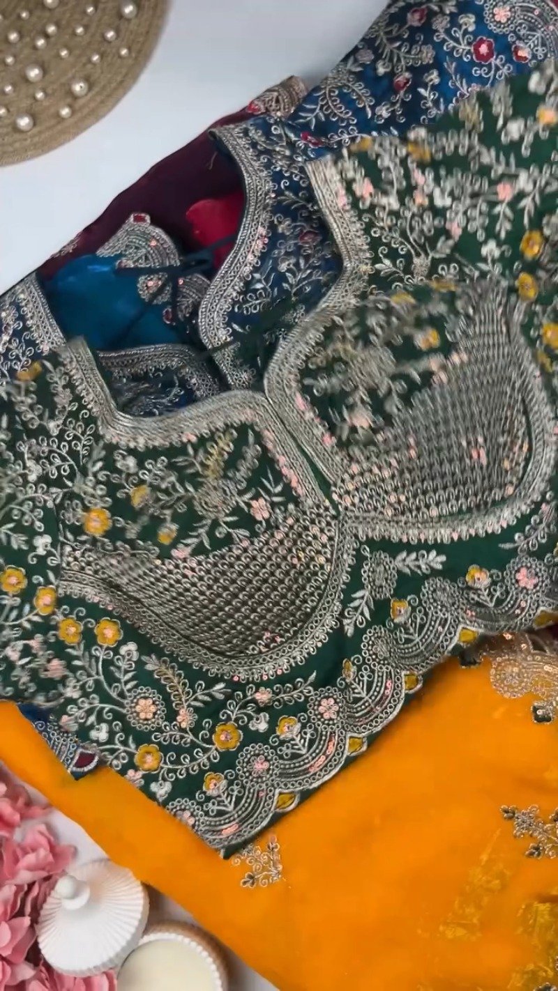 Royal Embroidered Velvet Blouse & Silk Saree Set β Available in Teal, Burgundy & Green - Image 3