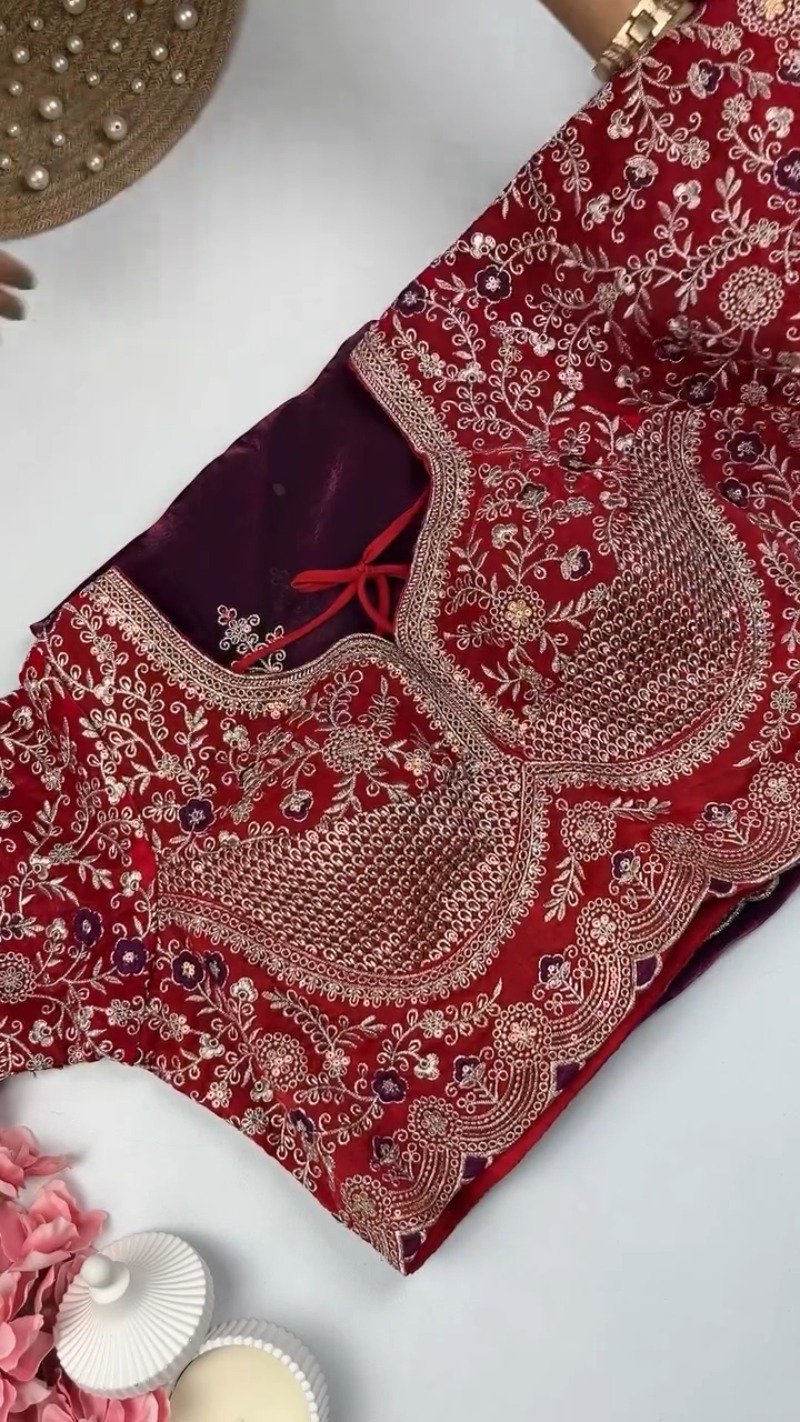 Royal Embroidered Velvet Blouse & Silk Saree Set β Available in Teal, Burgundy & Green - Image 4