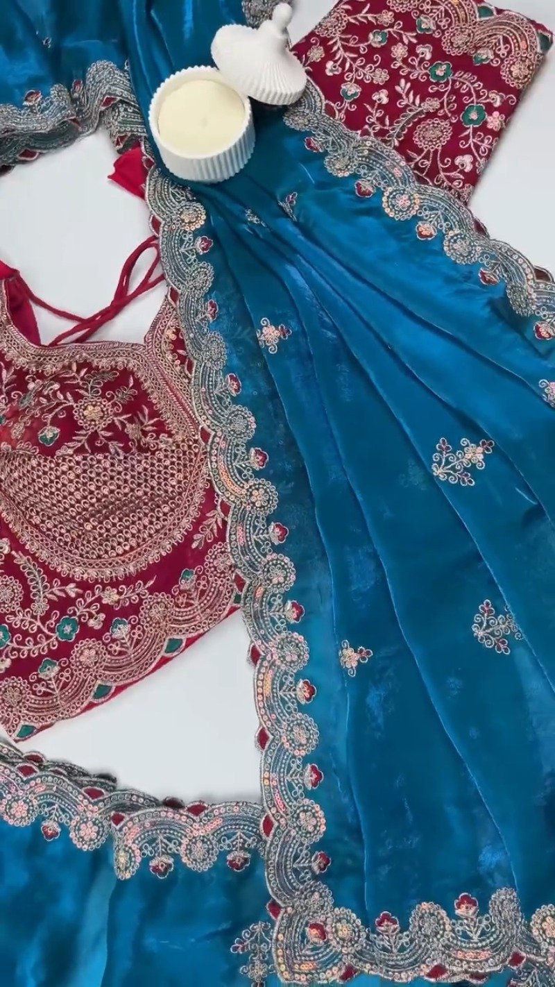 Royal Embroidered Velvet Blouse & Silk Saree Set β Available in Teal, Burgundy & Green - Image 6