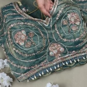 Enchanting Teal Sequined Organza Saree Set with Hand-Embroidered Rose Motifs