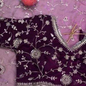 Royal Plum Hand-Embellished Velvet & Organza Saree Ensemble β Available in Plum & Rose Quartz