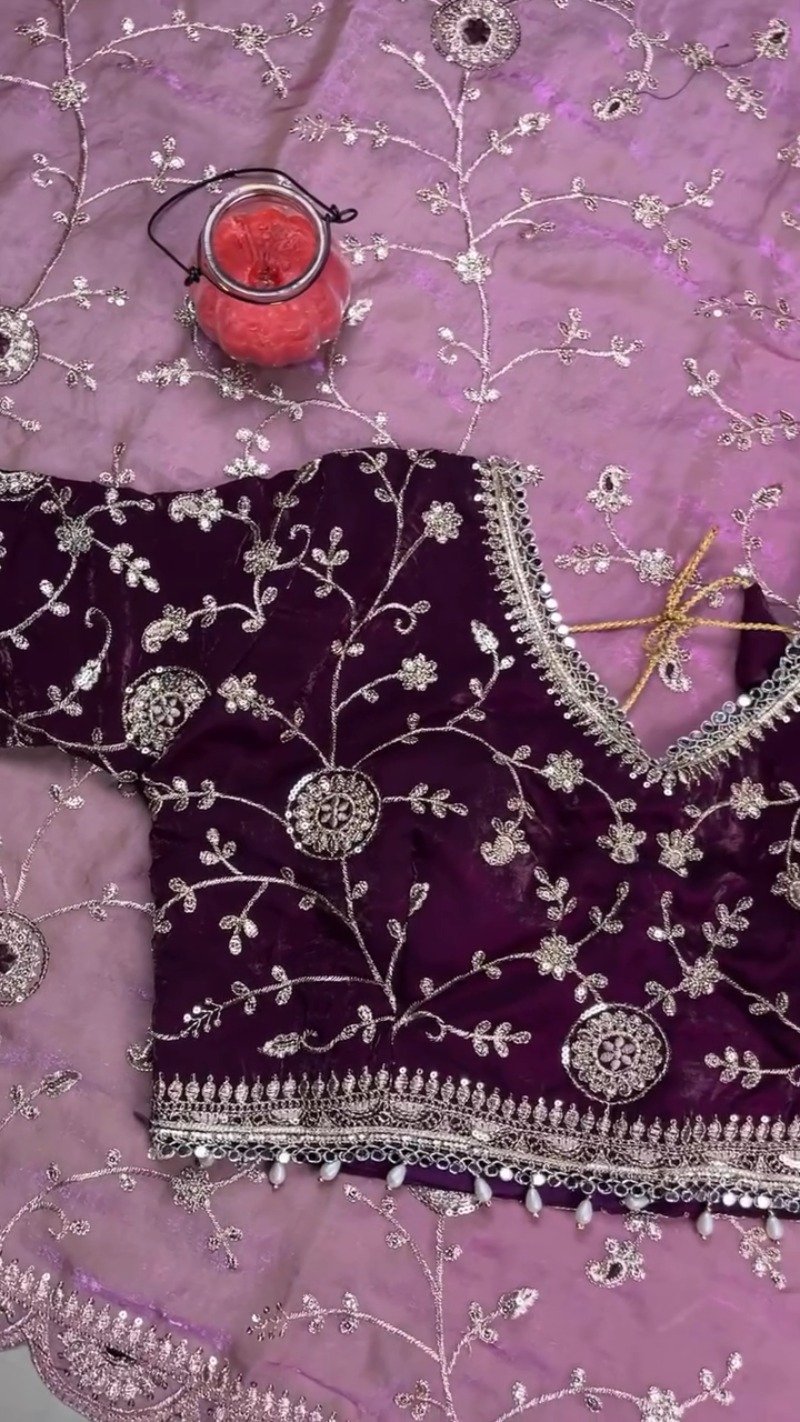 Royal Plum Hand-Embellished Velvet & Organza Saree Ensemble β Available in Plum & Rose Quartz