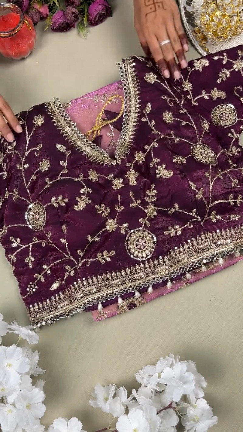 Royal Plum Hand-Embellished Velvet & Organza Saree Ensemble β Available in Plum & Rose Quartz - Image 2