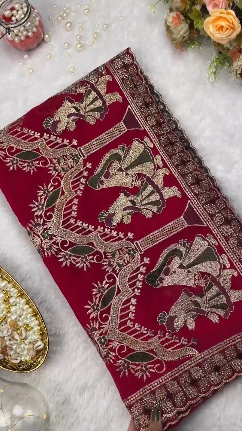 Royal Heritage Maroon Narrative Embroidered Saree Set – Available in Crimson & Deep Maroon
