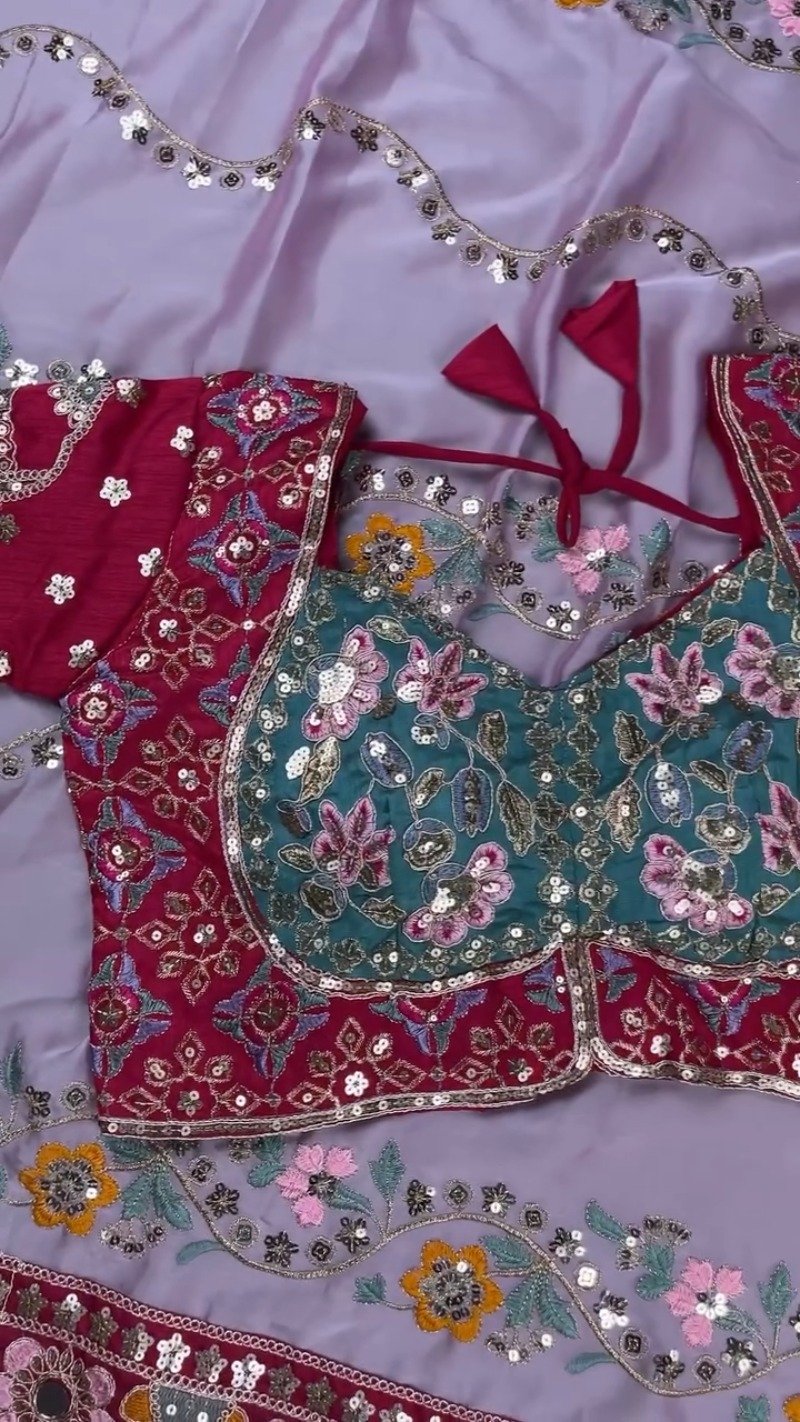 Enchanting Floral Embroidered Saree with Dual-Tone Cut-Work Blouse – Available in Lavender and Deep Berry - Image 5