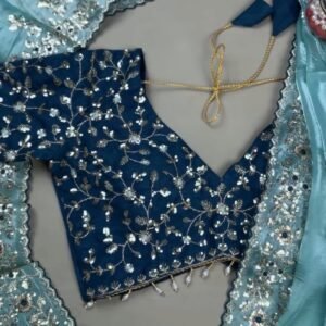 Enchanting Sequin-Embellished Organza Saree & Matching Embroidered Blouse Set – Available in Aqua Blue & Deep Navy