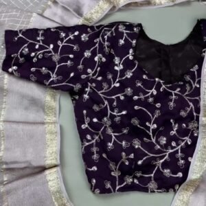 Midnight Plum & Oyster Grey Floral Embroidered Saree Set – Available in Deep Plum & Metallic Grey