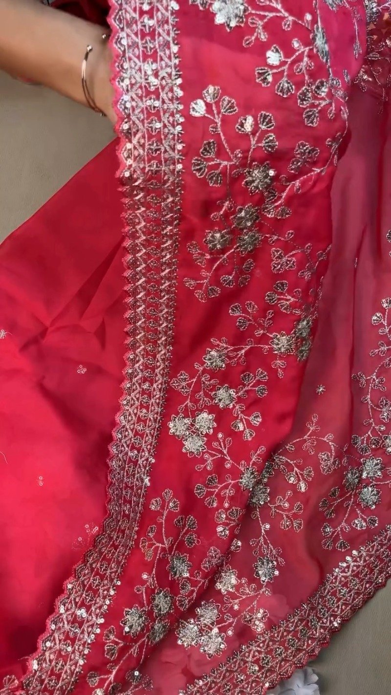 Radiant Rose Fuchsia Sequin Embroidered Saree & Blouse Set - Image 3