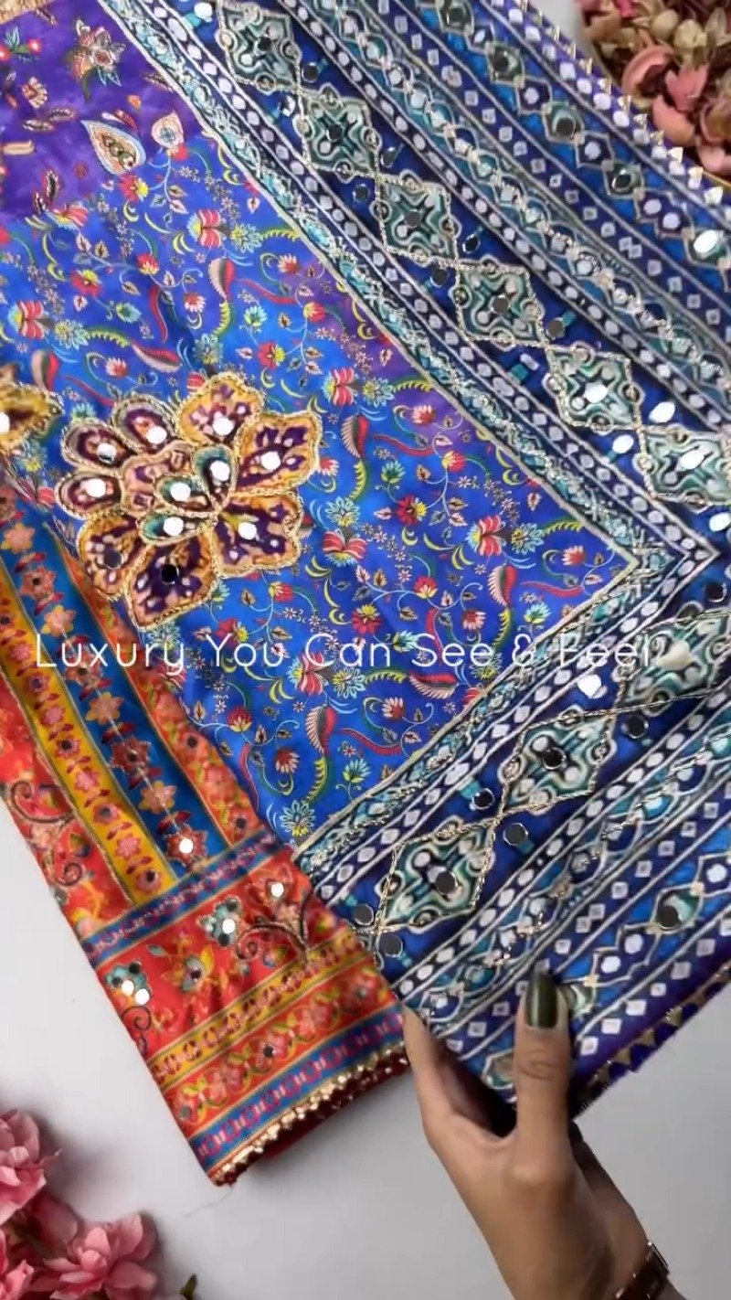 Opulent Mirror-Embellished Patchwork Lehenga Set โ Available in Royal Blue & Sunset Orange