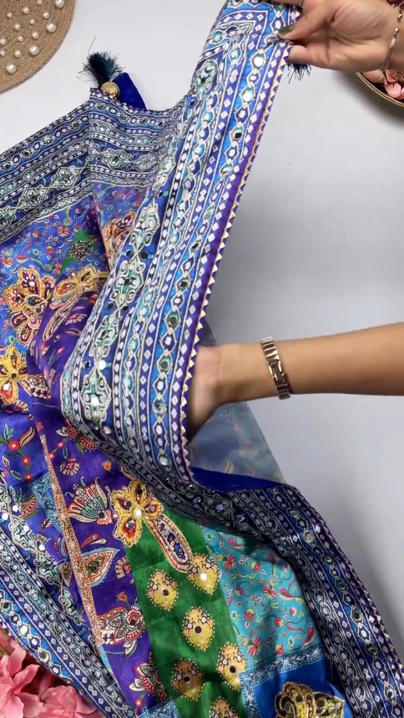 Opulent Mirror-Embellished Patchwork Lehenga Set โ Available in Royal Blue & Sunset Orange - Image 2