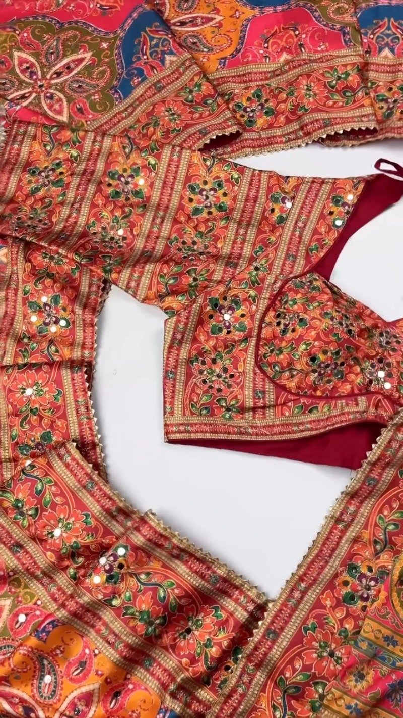 Opulent Mirror-Embellished Patchwork Lehenga Set โ Available in Royal Blue & Sunset Orange - Image 4
