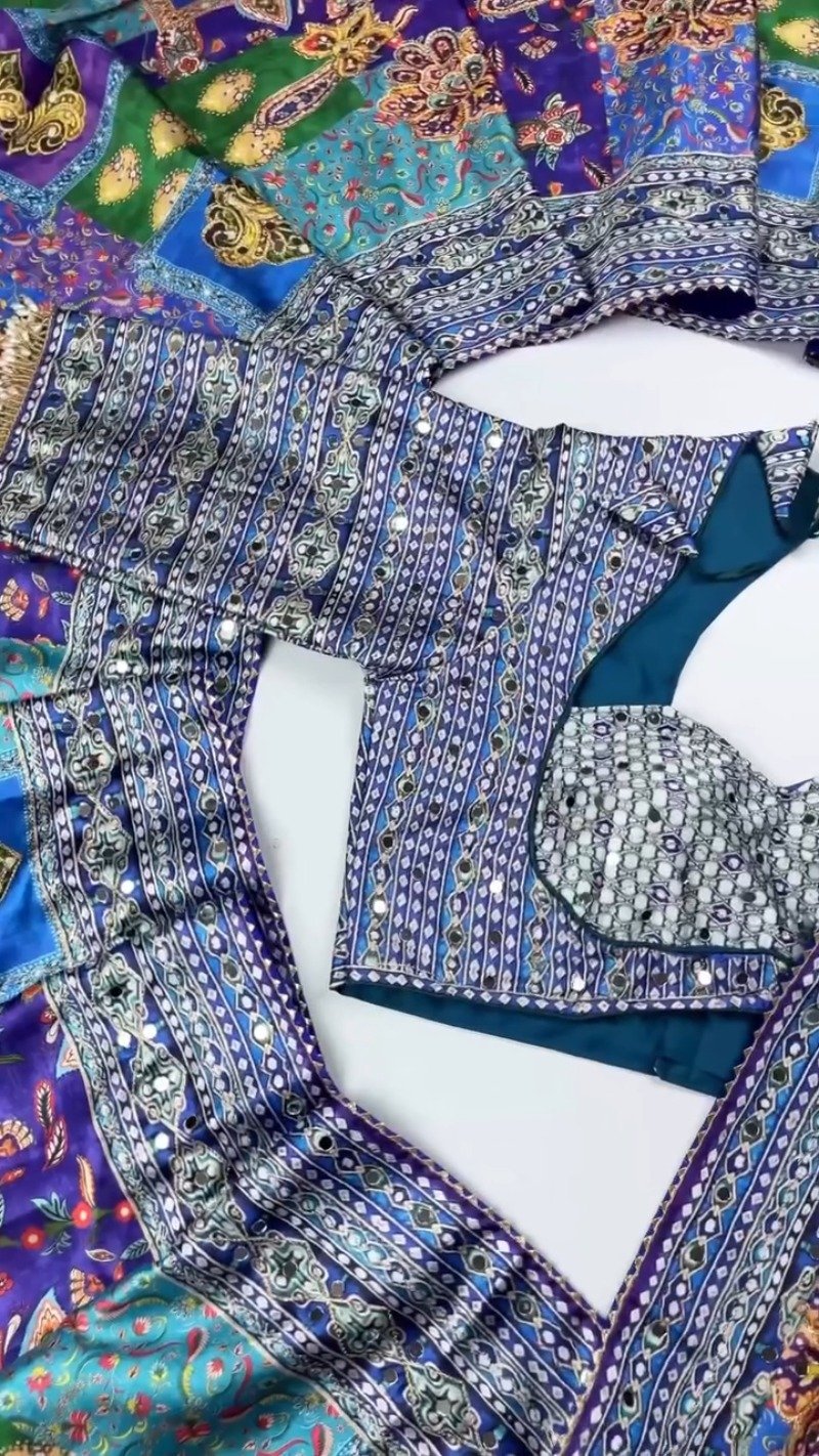 Opulent Mirror-Embellished Patchwork Lehenga Set โ Available in Royal Blue & Sunset Orange - Image 5