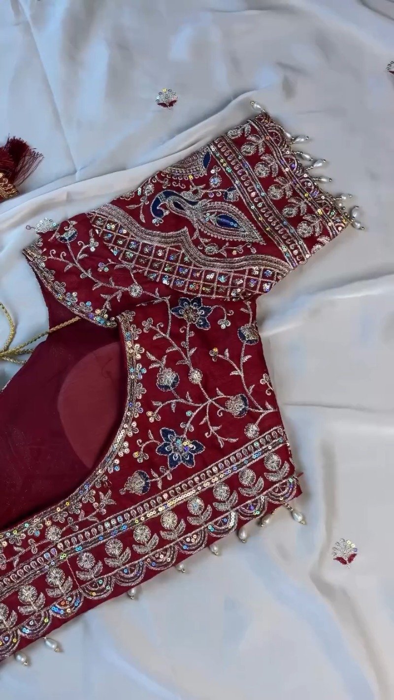 Royal Velvet & Organza Co-Ord Saree Set β Available in Maroon & White - Image 4