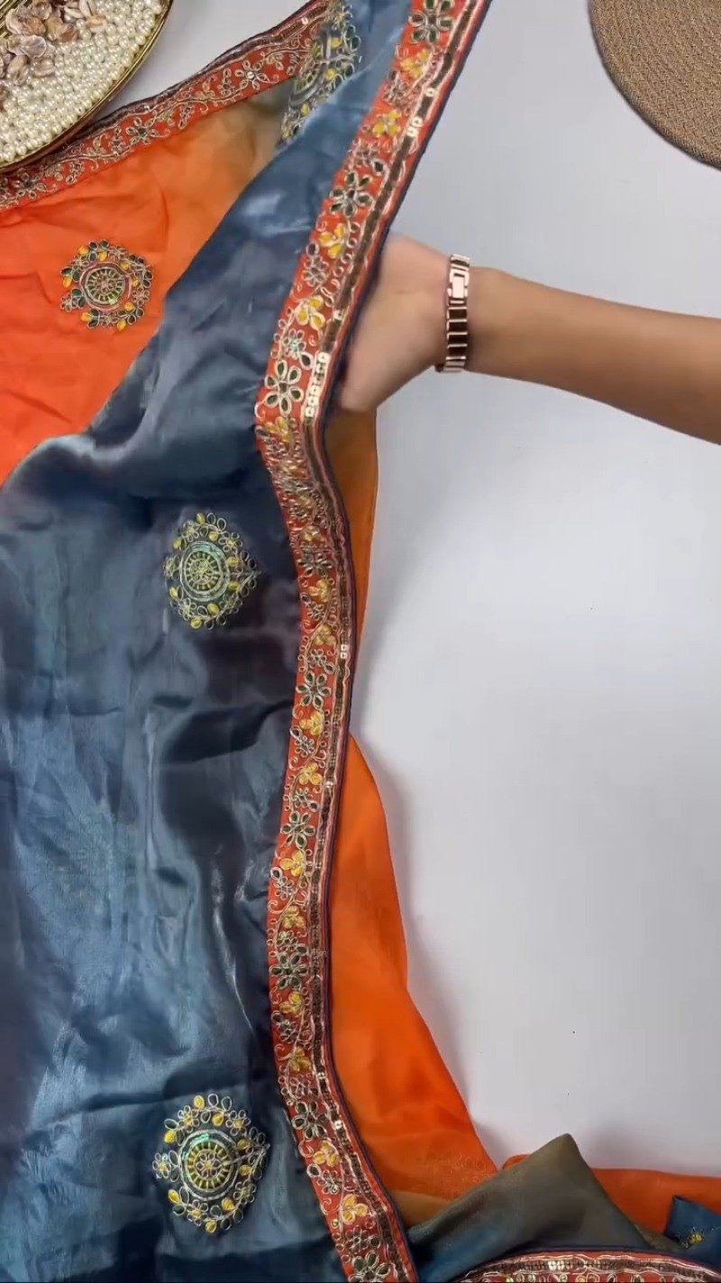 Opulent Hand-Embroidered Sequin Work Saree & Blouse Ensemble โ Available in Midnight Blue, Royal Purple, Forest Green, Magenta & Deep Maroon - Image 4
