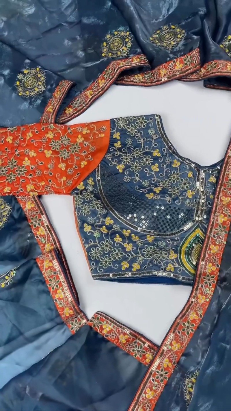 Opulent Hand-Embroidered Sequin Work Saree & Blouse Ensemble โ Available in Midnight Blue, Royal Purple, Forest Green, Magenta & Deep Maroon - Image 5