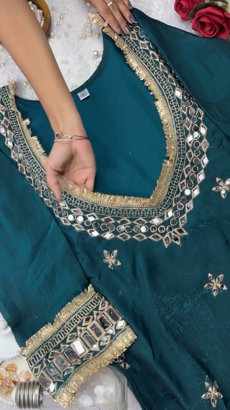 Enchanting Deep Teal Mirror-Work Kurta with Exquisite Gold Trim Details