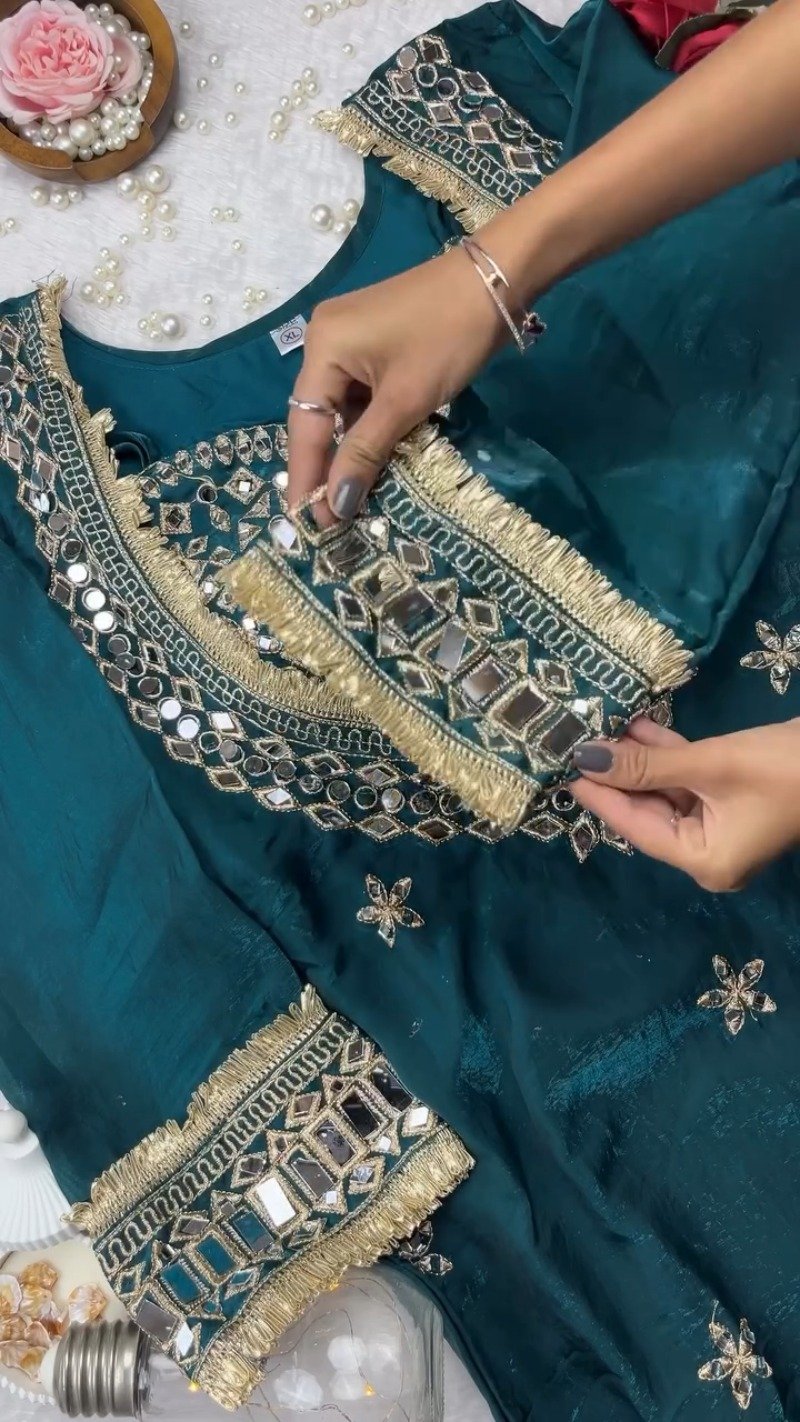 Enchanting Deep Teal Mirror-Work Kurta with Exquisite Gold Trim Details - Image 3