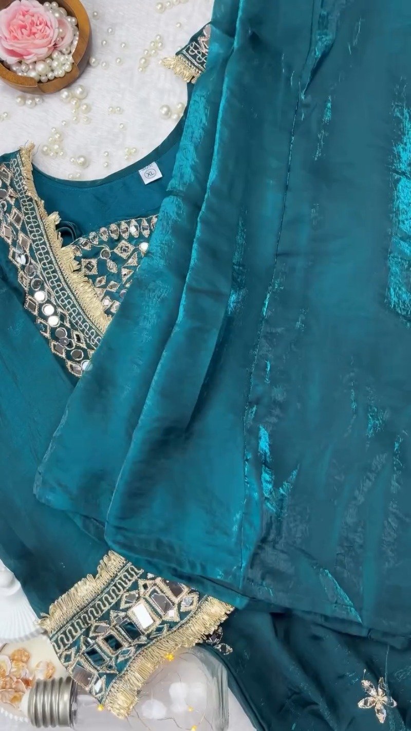 Enchanting Deep Teal Mirror-Work Kurta with Exquisite Gold Trim Details - Image 4
