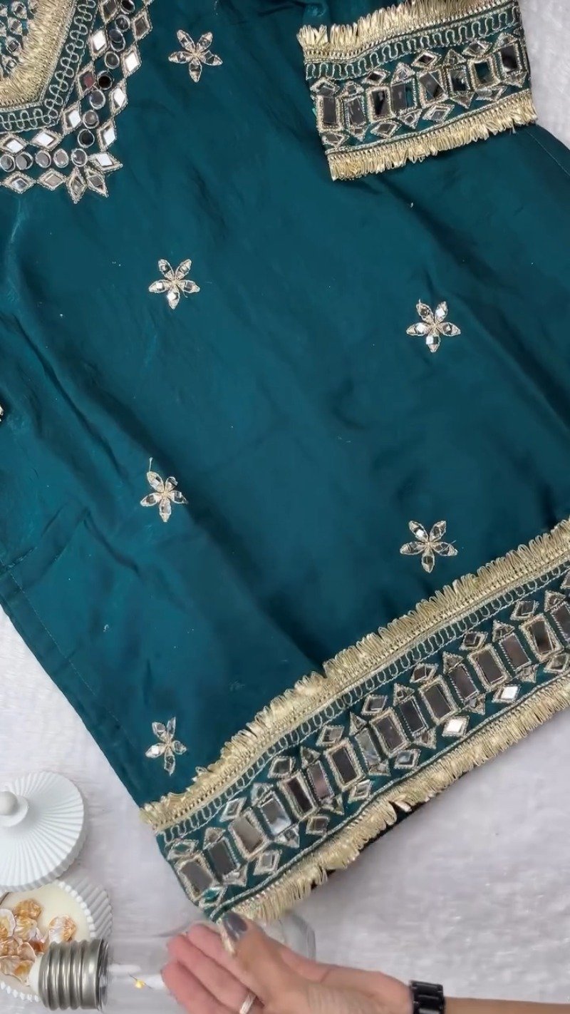 Enchanting Deep Teal Mirror-Work Kurta with Exquisite Gold Trim Details - Image 6