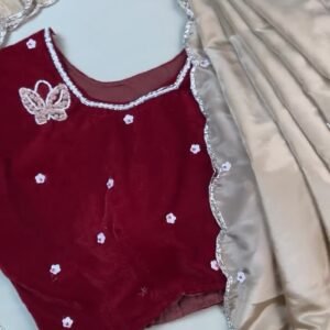 Enchanting Butterfly-Motif Velvet Blouse with Embellished Ruffle Saree – Available in Maroon & Champagne