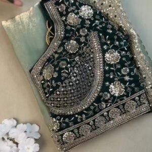 Emerald Green Velvet Blouse and Mint Shimmer Saree Set – A Dazzling Ethnic Ensemble