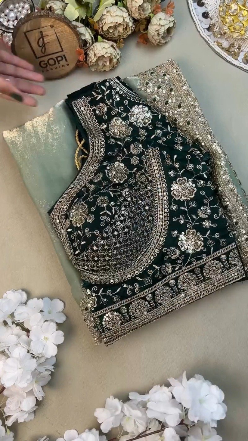 Emerald Green Velvet Blouse and Mint Shimmer Saree Set β A Dazzling Ethnic Ensemble