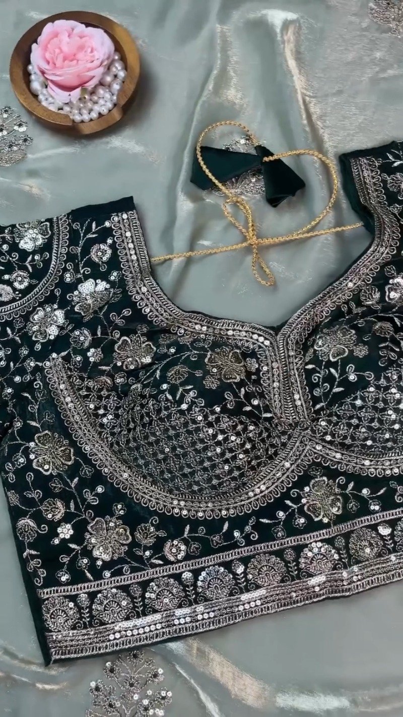 Emerald Green Velvet Blouse and Mint Shimmer Saree Set β A Dazzling Ethnic Ensemble - Image 8