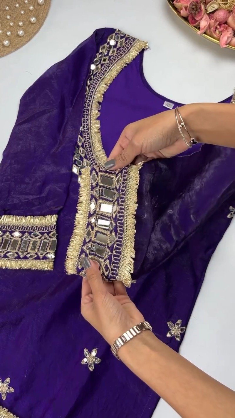 Opulent Mirror-Embellished Velvet Kurta Set β Available in Royal Purple & Classic Rose Pink - Image 2