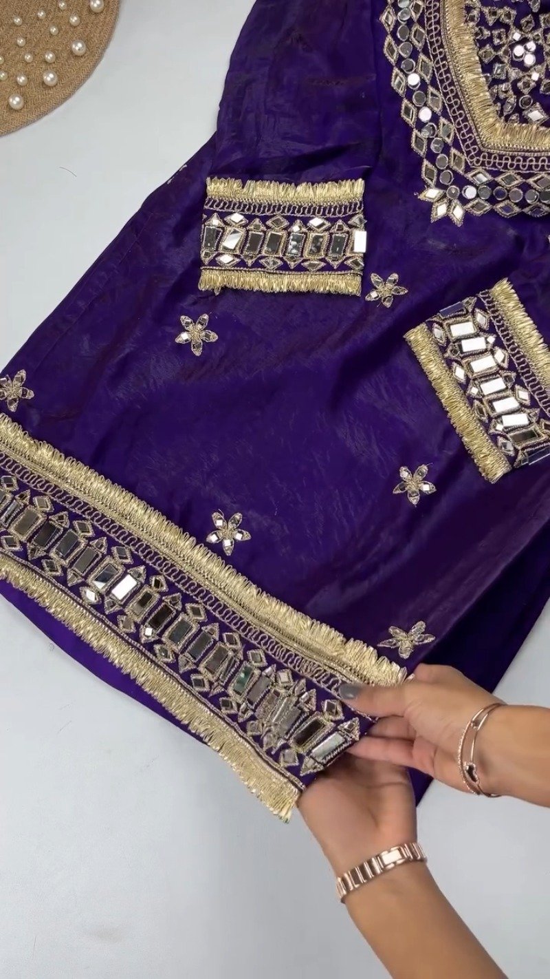 Opulent Mirror-Embellished Velvet Kurta Set β Available in Royal Purple & Classic Rose Pink - Image 5