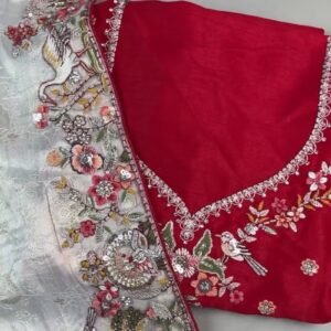 Artisanal Doli-Motif Embroidered Kurta & Drape Set – Available in Off-White & Crimson Red