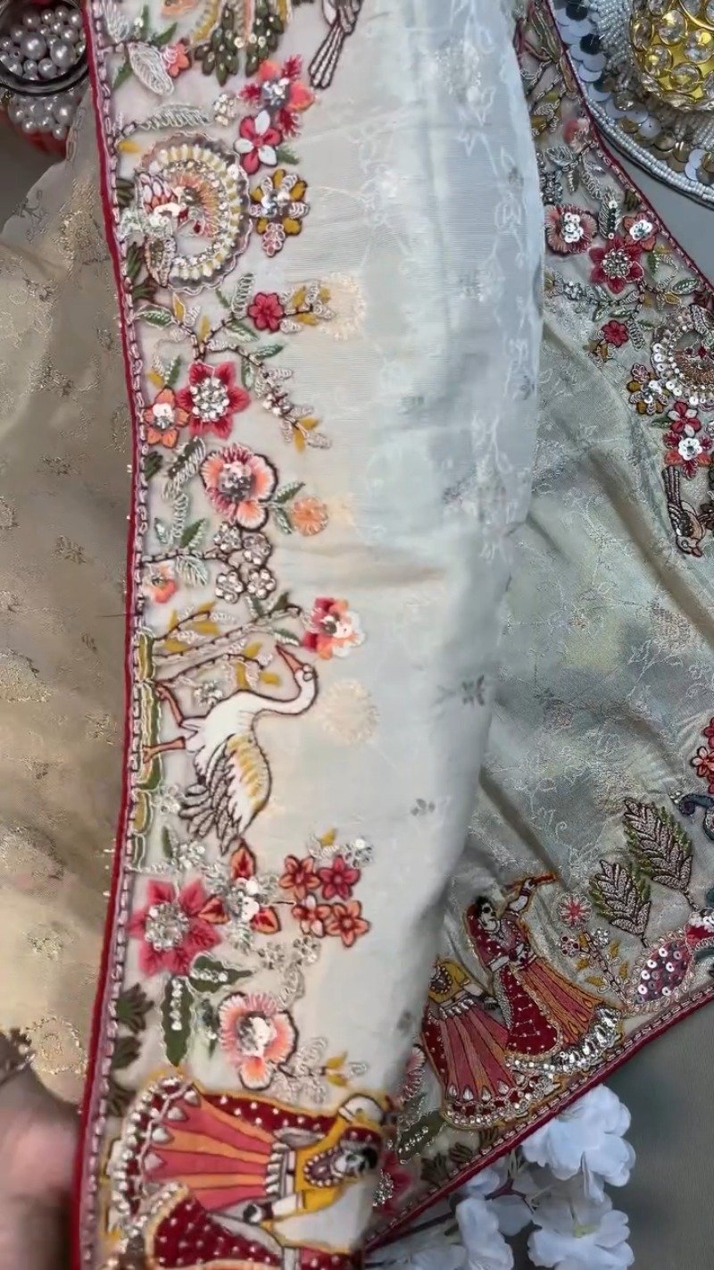 Artisanal Doli-Motif Embroidered Kurta & Drape Set – Available in Off-White & Crimson Red - Image 3
