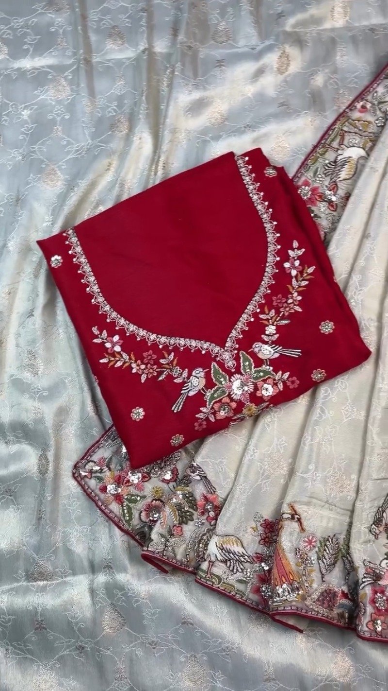 Artisanal Doli-Motif Embroidered Kurta & Drape Set – Available in Off-White & Crimson Red - Image 5
