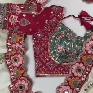Artisanal Embroidered Saree Set with Mirror-Work Blouse – Available in Maroon & White