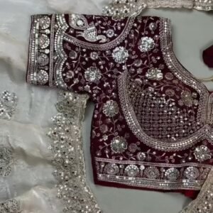 Royal Maroon Velvet & Ivory Organza Festive Saree Set