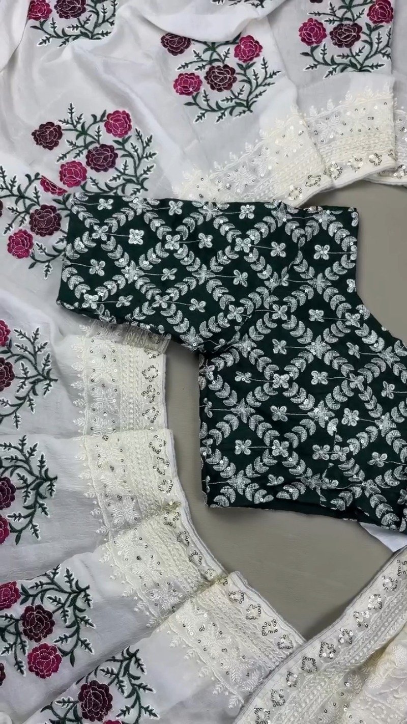 Enchanting Floral Embroidered Kurta Set with Sequin Detailing β Available in Emerald Green & Ivory White