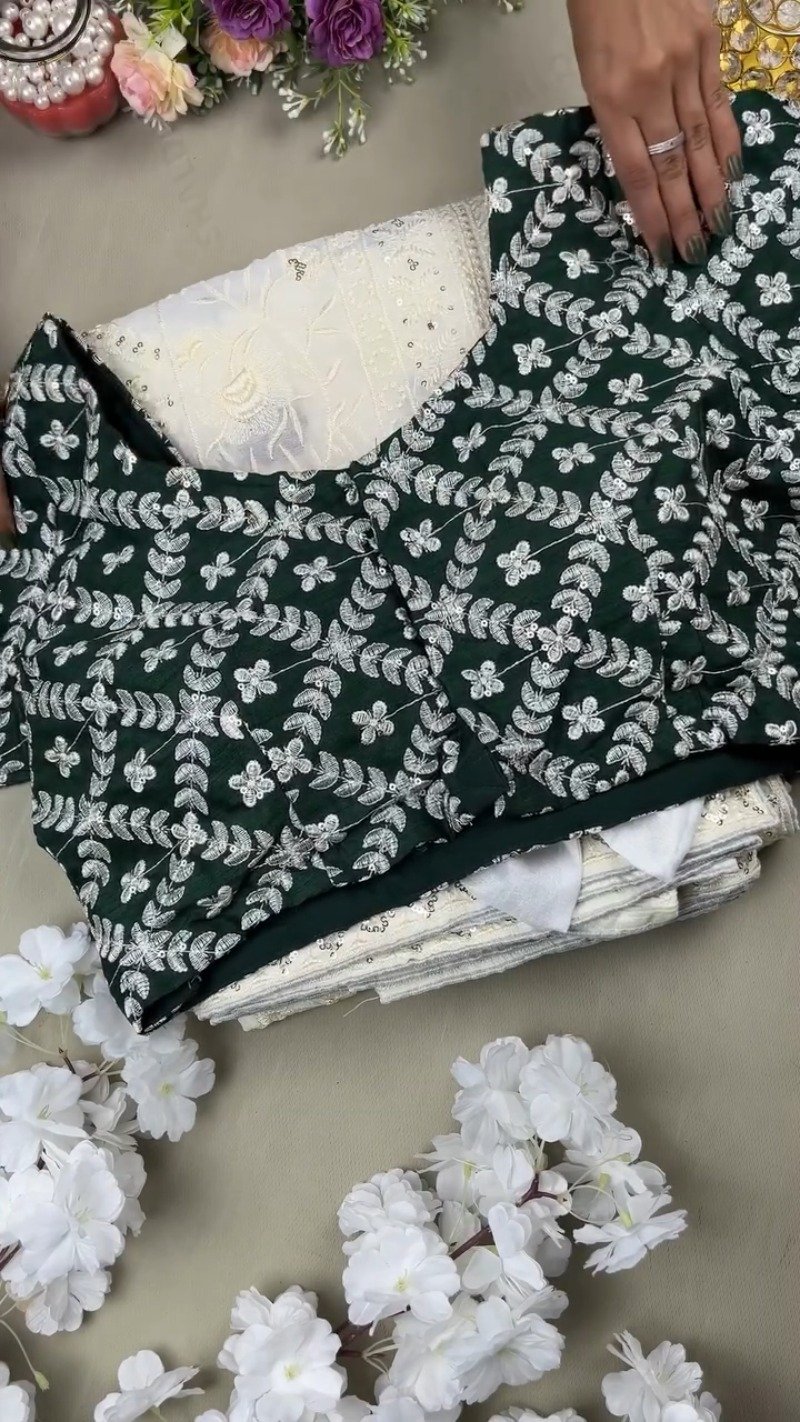 Enchanting Floral Embroidered Kurta Set with Sequin Detailing β Available in Emerald Green & Ivory White - Image 2