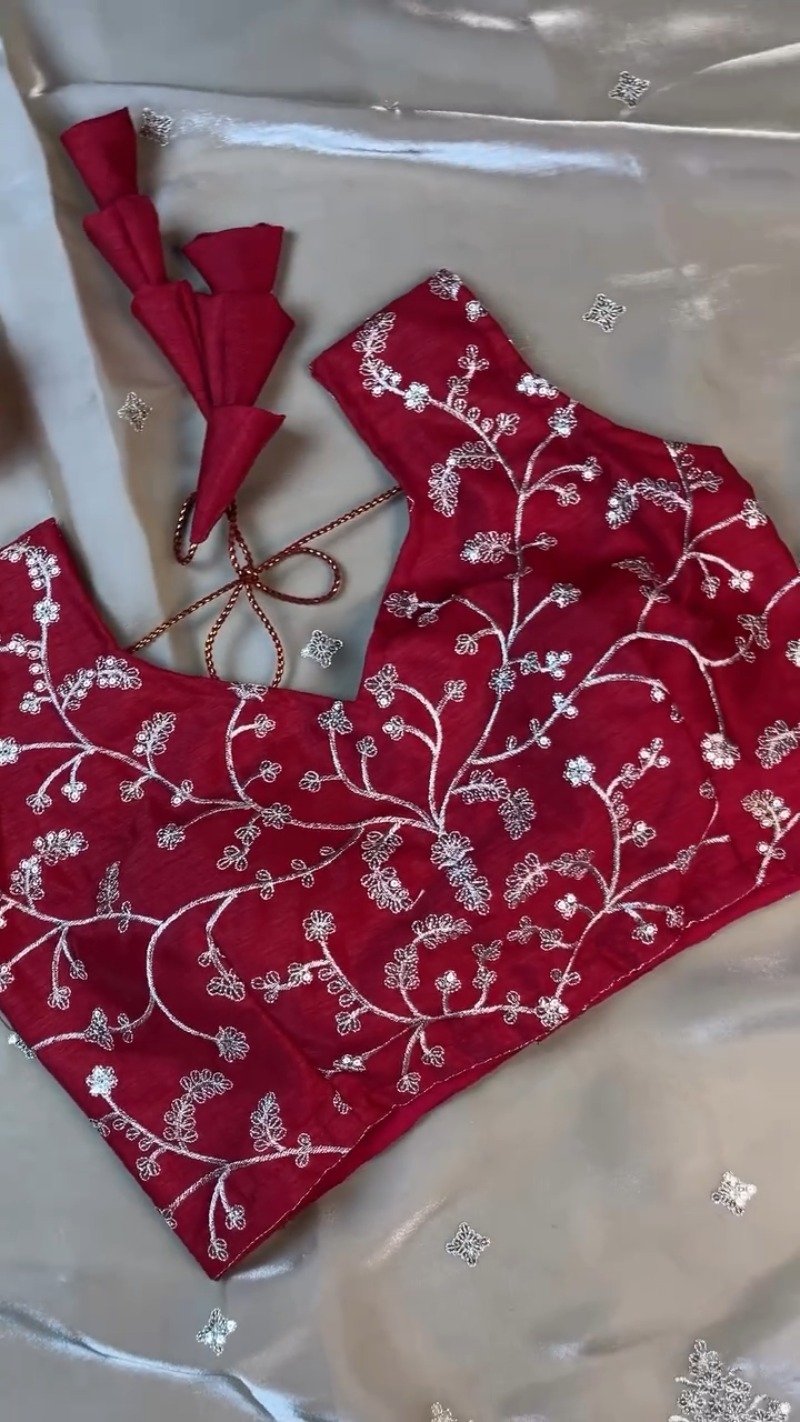 Midnight Crimson Floral Embellished Designer Saree Set with Contrast Organza Drape - Image 6