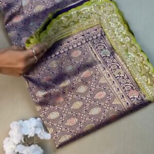 Royal Purple & Lime Green Zari Woven Silk Saree with Scalloped Sequin Border – Available in Purple & Lime Green